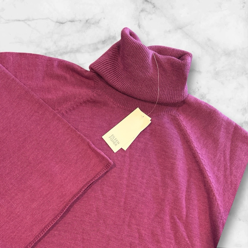 Eileen Fisher Women's Purple 100% Merino Sweater Poncho Turtleneck 3/4 Sleeve XL
